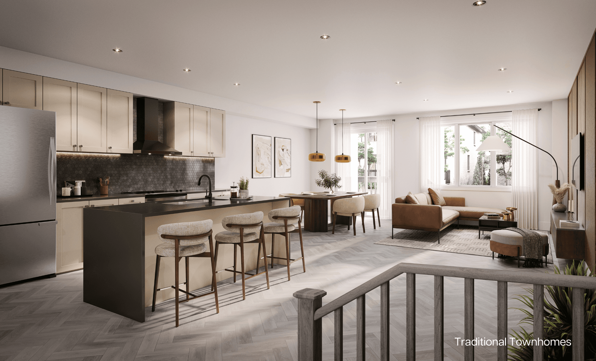 Modern interior with kitchen island and dining area